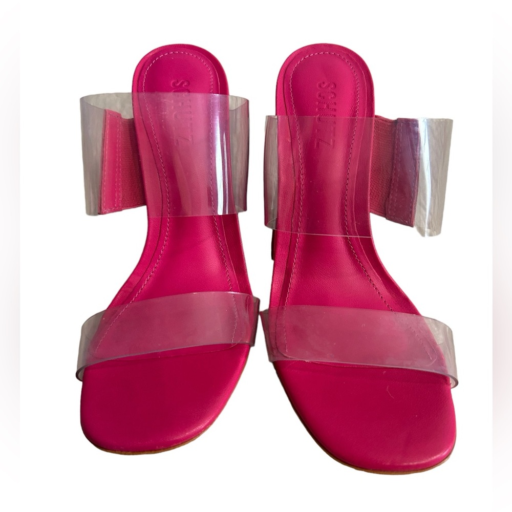 Schutz Victorie High PVC Hot Pink Block Heel Slides NWOB Size 7B